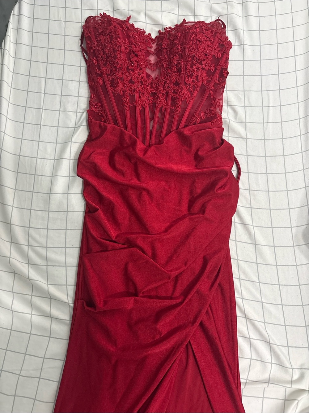 Windsor Strapless Red Lace Bustier Evening Gown